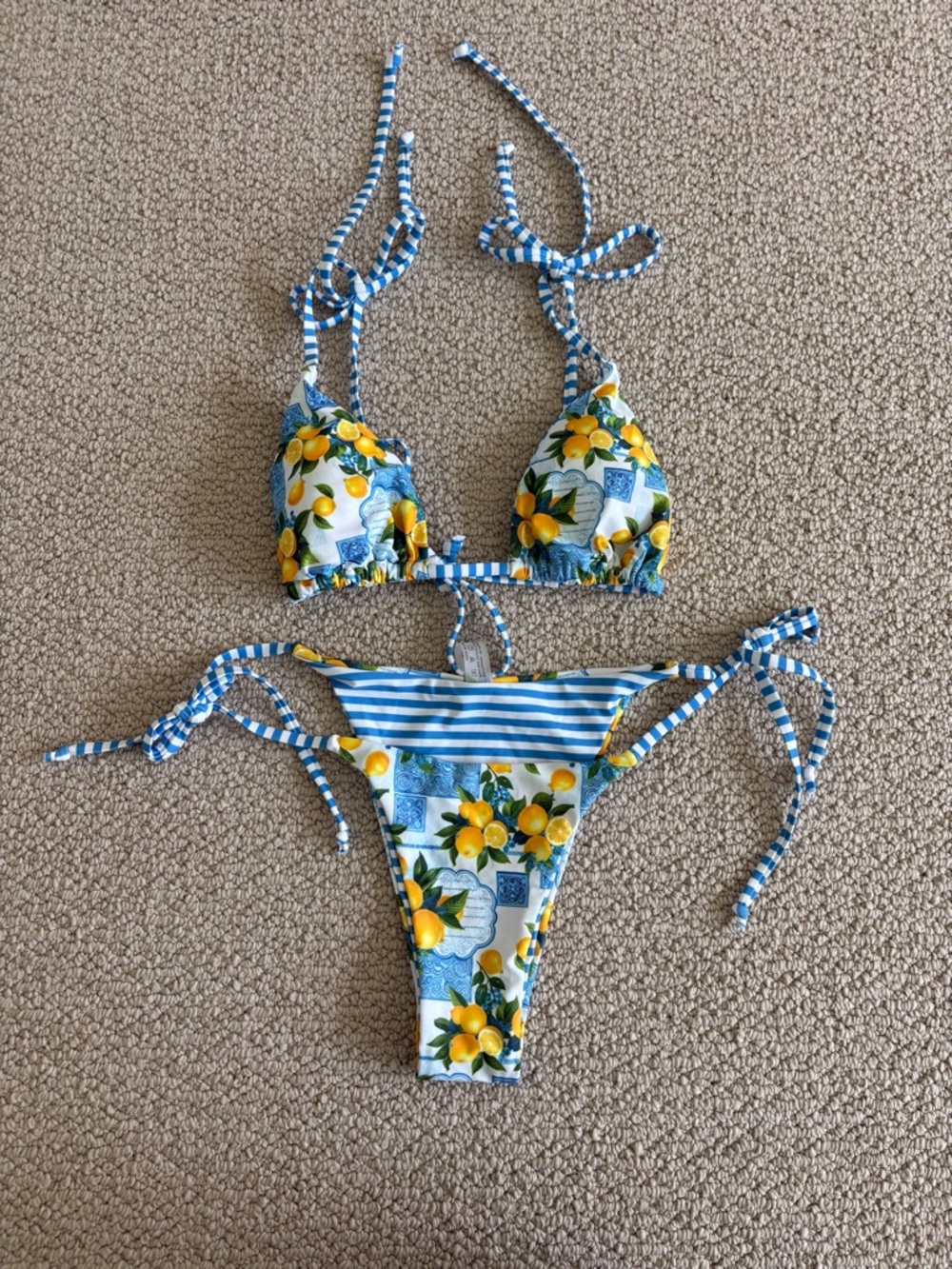 SHEIN Blue White Yellow Lemon Print Tie Bikini